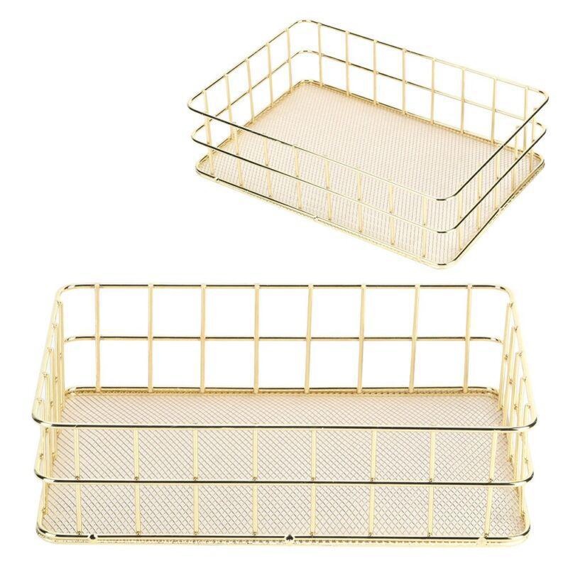 Gold Wire Mesh Storage Basket Makeup Desk Organizer Shelves Container - Picture 13 of 13