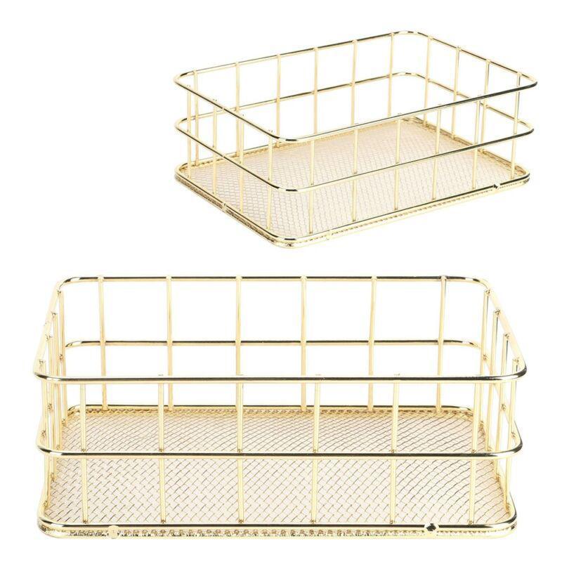 Gold Wire Mesh Storage Basket Makeup Desk Organizer Shelves Container - Picture 12 of 13